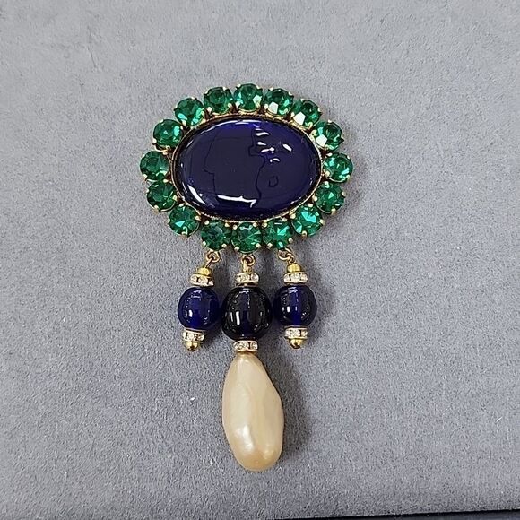 YSL Vintage Glass Sapphire Emerald Pearl Rhinestone Runway Sample Brooch Pin